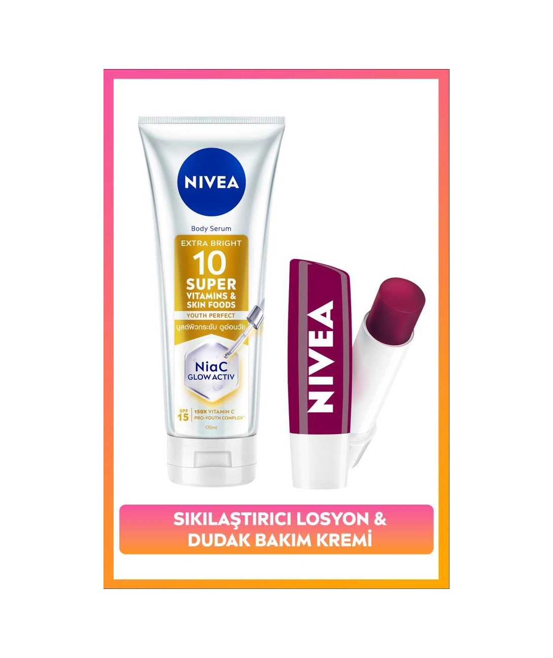 Spf15 Super10 Aydınlatıcı,sıkılaştırıcı Vücut Losyonu 170ml Ve Böğürtlen Renkli Dudak Bakım Kremi