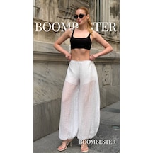 Boombester Kadın Transparan İçi Şortlu Bloomer Pantolon Salaş Rahat Kalıp Yazlık Bohem Balon Pantolon Beyaz