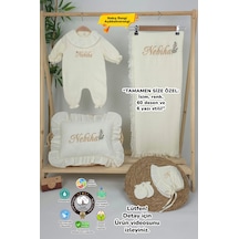 Gros Shop Müslin Yeni Doğan 4katlı Organik %100pamuk Kişiye Özgü Nakışlı Hastane Çıkış Seti Dallı Papatya Ekru