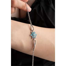 Nereze 925 Ayar Gümüş Kelepçe Model Rodyumlu Aquamarin Taşlı Çiçek Bileklik