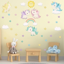 Rengarenk Unicornlar Ve Gökkuşağı Duvar Sticker Seti - Güneş, Yıldızlar Ve Bulutlar Çocuk Odası 1
