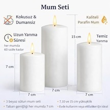 3 Lü Silindir Blok Mum Seti, Beyaz Dekoratif Sütun Mumlar, İçten Yanan Fitil, 7 Cm Çap, 7,10,15 Cm Yükseklik, Ev Dekorasyonu, Masa Ve Özel Gün Süsleme Mum Seti 50 x 22