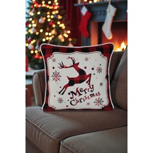 Kırlent Kılıfı Yılbaşı Temalı Merry Christmas Geyikli 45x45 Raşel Örme Kadife Dijital Baskı Beyaz Biyeli Çok Renkli