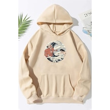 Uyguntarz Unisex Kanagawa Oki Nami Ura Baskılı Sweatshirt Bej