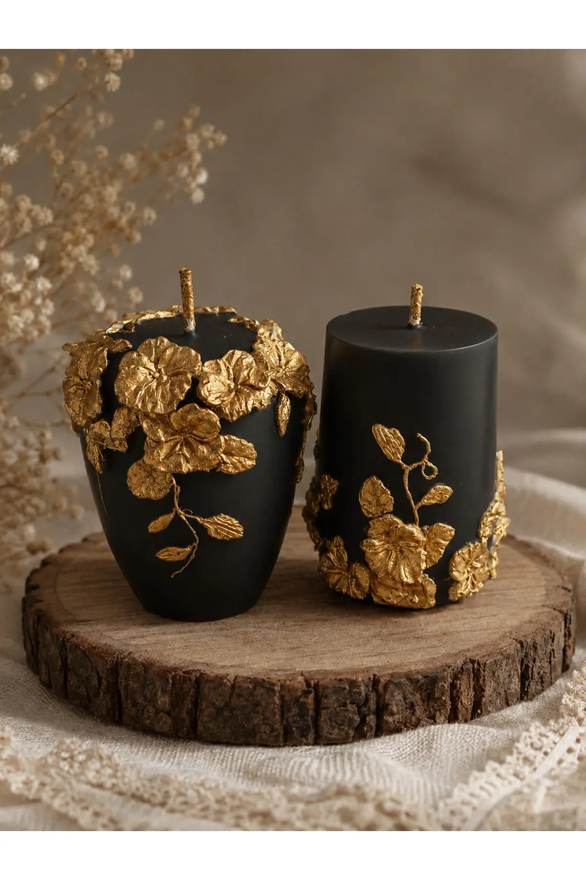 Night Black Bloom Vanilya Kokulu 2 Li Dekoratif Mum Seti Altın - Siyah