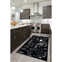 Siyah Kaymaz Taban Yıkanan Kitchen Yazılı Mutfak Halısı Mt09n11