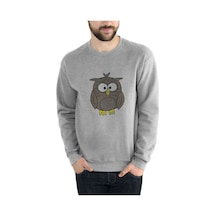 Owl Baykuş Baskılı Gri Erkek Örme Sweatshirt