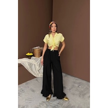 Defymoda Siyah Paçası Fırfırlı Keten Pantolon Siyah