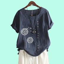 Kadın Günlük Çiçek Baskılı Bol Bluz Bayan Pamuk Keten Üst Moda Kısa Kollu Tişört Lacivert