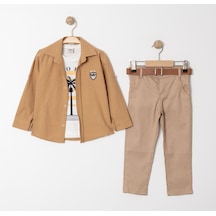 Mnk Baby & Kids Palmiye Baskılı Tişört , Gömlek Ve Pantolon Takım Mnk4136 Hardal