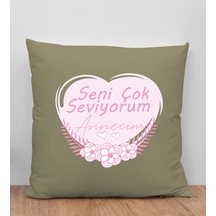 Bk Gift Anneler Günü Tasarımlı Haki Kırlent Yastık, Anneye  Açık Bej