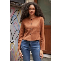 Kadın Esnek Süet Kumaş Sıfır Yaka Flato Cepli Uzun Kol Blazer Ceket-taba Taba