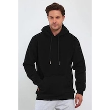 Erkek 3 İplik Pamuklu Kapüşonlu Cepli Hoodie Sweatshirt - Siyah