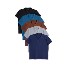 Tudors Erkek 5'li Paket Siyah-kahverengi-gri-lacivert-petrol Slim Fit Dar Kesim Pamuklu Düz Pike Polo Yaka Tişört-52159 Çok Renkli