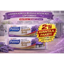 Polmix Lavanta Kokulu Büzgülü Çöp Torbası Büyük Boy 65x70 Cm 10'lu 2 Paket Dayanıklı Sızdırmaz Çöp Poşeti