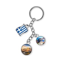 Yunanistan Üçlü Epoksi Metal Çift Taraflı Damla Anahtarlık Greece Gümüş