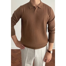 Cool Tarz Erkek Koyu Kahverengi Polo Yaka Fitilli Triko Kazak Koyu Kahverengi Koyu Kahverengi