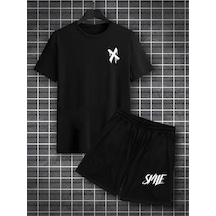 X Smile T-shirt Şort - Siyah Alt Üst Kombin Şort Tişört Takım Baskılı Oversize Bisiklet Yaka Siyah