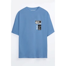 New York Baskılı Bordo - Mavi Oversize T-shirt Mavi