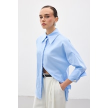 Sateen Düğme Detaylı Gömlek - Mavi-137152 Mavi