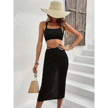 Efnaz Style Kadın Askılı Crop Bel Detaylı Derin Yırtmaçlı Etek Triko Ikili Takım Siyah
