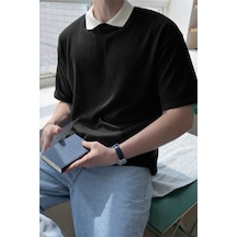 Cool Tarz Erkek Kolej Yaka Tişört Kontrast Detaylı Casual Regular Polo Yaka T-shirt Siyah Siyah