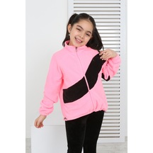 Toontoy Kız Çocuk Dik Yaka Fermuarlı Renk Bloklu Reglan Kol Polar Hırka - Beli Ayarlanabilir Lastikli Pembe