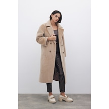 Sateen Düğmeli Kaşe Kaban - Bej-135227 Bej