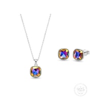 Servi 925 Ayar Gümüş Multicolor Kristal Taşlı Gökkuşağı Kolye Küpe Set-486
