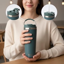660 Ml Pipetli Paslanmaz Çelik Termos Kupa - 4 Renk Seçeneği Krem, Yeşil, Siyah, Mavi - Büyük Boy Venti Sıcak Ve Soğuk Tutan Mug Yeşil Açık Beyaz