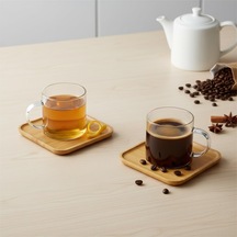 Bambu Tabaklı 2'li Cam Fincan Seti 150 Ml - Yuvarlak/kare Seçenekli Borosilikat Bitki Çayı Ve D Diğer