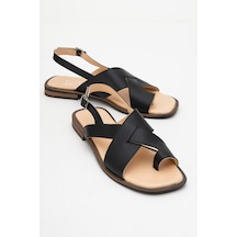 Luvishoes Luvi Shoes Louna Siyah Cilt Hakiki Deri Parmak Arası Kadın Sandalet Siyah Deri