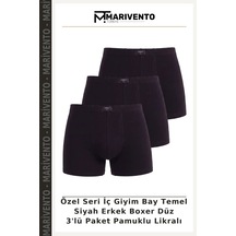Marivento Özel Seri İç Giyim Bay Temel Siyah Erkek Boxer Düz 3'lü Paket Pamuklu Likralı