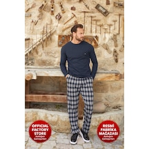 Aydoğan Erkek Pamuklu Jakarlı Uzun Kollu Altı Ekoseli Pijama Takımı 3380 Lacivert