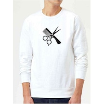 Berber Kuaför Barber Shop Baskılı Beyaz Erkek Örme Sweatshirt