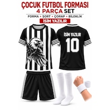Yenteks İsim Yazılır Çocuk Futbol Forması Siyah Beyaz Kartal Dijital Baskı 4 Parça Beyaz Şort Beyaz - Siyah