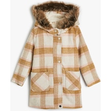Koton Oversize Kaban Kapşonlu Suni Kürk Detaylı Çıtçıt Kapaklı Cepli Ekru Ekose 4wkg00002aw 4WKG00002AW0C1 Ekru