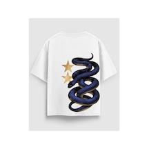 Yolo Street Yılan Ve Yıldız Baskılı Oversize Tişört %100 Pamuk Unisex Streetwear Sırt Baskı Beyaz