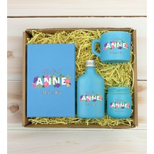 Bk Gift Kişiye Özel İsimli Dtf Anne Temalı Turkuaz Defter & Kahve Fincanı & Kolonya & Mum Hediye Seti-3, Anneye Hediye, Anneler Günü Hediyesi Kobitmey