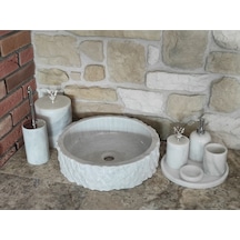 Beyaz Mermer Gümüş Rengi Aksesuarlı 8'li Lavabolu Banyo Seti Beyaz