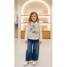 Miss Elitte Kelebek Detaylı Süveterli 3 Lü Takım 2-5 Yş-1017912 - Krem Krem