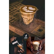 4'lü Kuru Kafa Tasarımlı Bardak Kahve Expresso Kokteyl Bardağı Kristal Skull Çift Cidarlı Cam Kupa