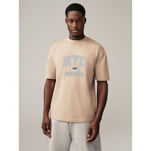 Uyguntarz Pamuklu Nyc Baskılı Oversize T-shirt Bej