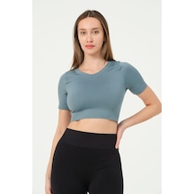 Kadın V Yaka Kısa Kollu Dikişsiz Esnek T-shirt Crop Top Turkuaz-s Altın - Beyaz