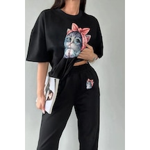 Tarzsokak Sevimli Minik Kedi Eşofman Altı Ve T-shirt - Jogger Tişört Alt Üst Eşofman Takımı B Siyah