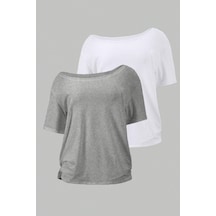 Cool Tarz Gri Beyaz 2li Paket Kadın Düşük Omuz Kayık Yaka Oversize T-shirt Gri - Beyaz Gri - Beyaz
