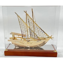Pirinç Yelkenli Gemi Altın Kaplama Katar Dhow Teknesi Kutulu 29cm No.1