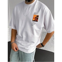 Unisex Beyaz Oversize Beach Logo Baskılı Örme T-shirt Beyaz