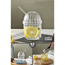 2'li Kübbe Kapaklı Pipetli Bardak 430ml Isıya Dayanıklı Eggglass İskandinav Kahve Sunum Bardağı