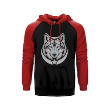 Gri Gerçekçi Kurt Başı Ve Hilal Baskılı Kırmızı Renk Reglan Kol Sweatshirt / Hoodie